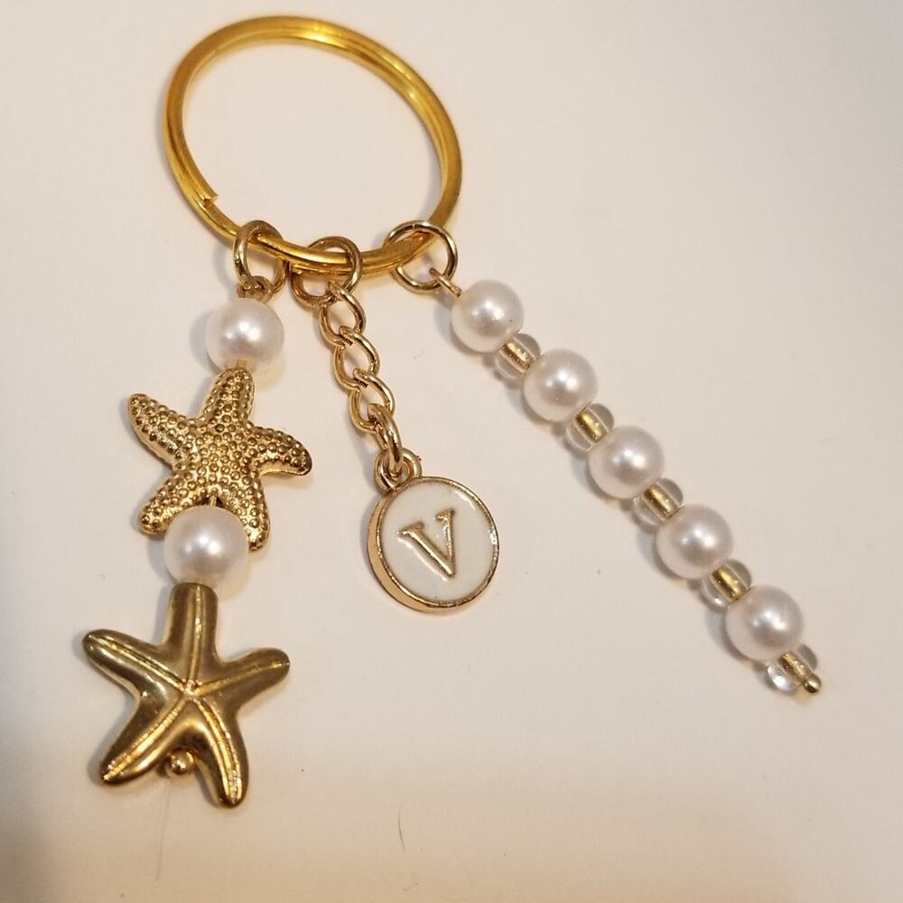 New small initial V keychain or zipper pull faux pearls and starfish
